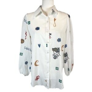 NEW White Colorful Puff Sleeve Soleil Button Down Shirt blouse Woman's‎ Size M